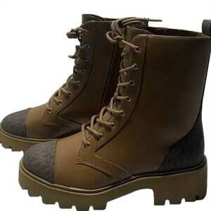 NEW MICHAEL KORS women's weiss faux leather tall combat bootie in brown